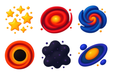 Cosmic Icon Set. 3D icon set of cosmic structures: star cluster, galactic core, nebula swirl, black hole, dark matter cloud,