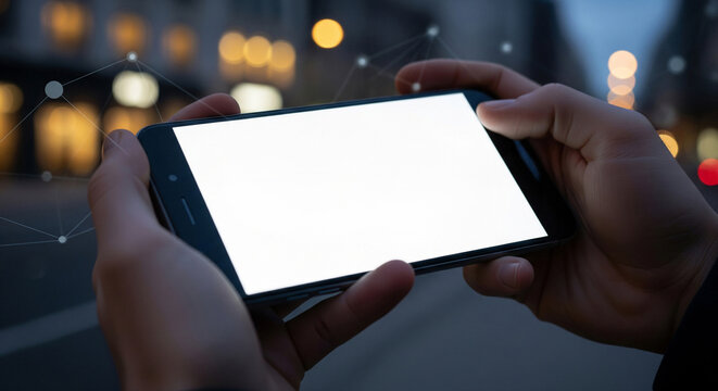 Hand holding smartphone in landscape orientation in night city, blank screen for mockup