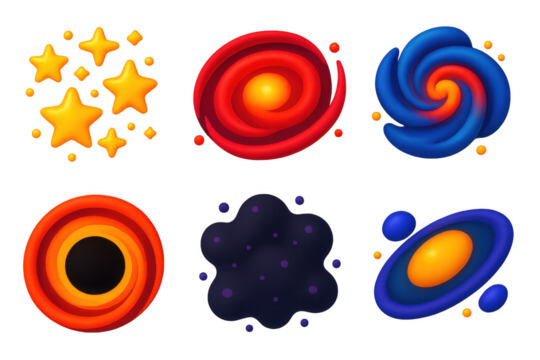 Cosmic Icon Set. 3D icon set of cosmic structures: star cluster, galactic core, nebula swirl, black hole, dark matter cloud,