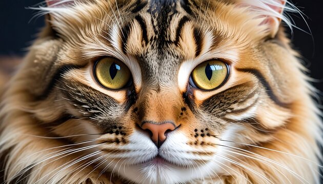 Up-close portrait of a fluffy-faced feline with striking, golden eyes. The cat displays a complex pattern of brown and tan fur