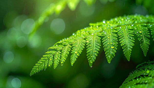 Close-up of a vibrant green fern frond covered in water droplets, bathed in sunlight against soft green foliage - Powered by Adobe