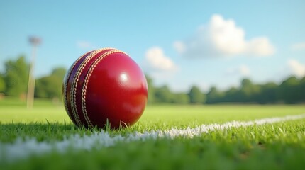 Experience the Thrill of Cricket A Stunning Red Ball on Green Field Ready for Action Perfect for Sports Marketing and Summer Campaigns