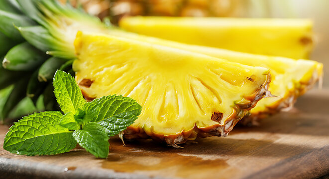 Fresh pineapple slices with juicy yellow pulp and bright green mint leaves - Powered by Adobe