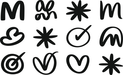 Bold Hand Drawn Marker Doodle Icon Set, Abstract Brush Symbols and Sketch Vector Elements