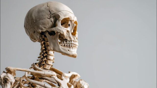 Anatomical model of the skeleton with detailed structure, rotates in profile