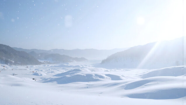 Snowy Mountain Valley Sunlight - Powered by Adobe