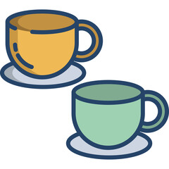 Two Ceramic Coffee Cups One Yellow One Green With Saucers Isolated On White Background With Blue Outline