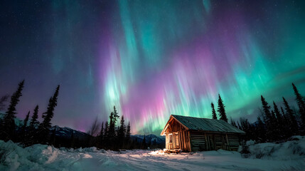 Vibrant Aurora Borealis Over a Cozy Cabin in Winter