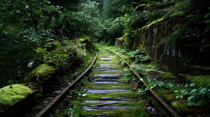 Overgrown and Abandoned Railway Tracks in a Lush Green Forest