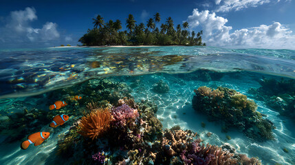 Split-Shot Over-Underwater View of a Tropical Island