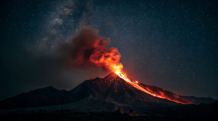 Volcano Erupting with Glowing Lava Under a Starry Night Sky