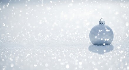 Festive Blue Christmas Ornament on Snowy White Background with Bokeh.