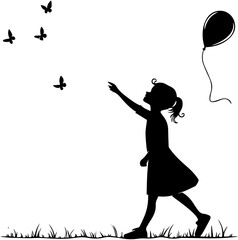 Silhouette of Girl Reaching for Butterflies with Balloon – Whimsical Childhood Scene