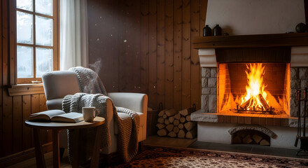 Fototapeta premium A cozy winter interior with a warm, crackling fireplace, a comfortable armchair, and a view of snow falling outside.
