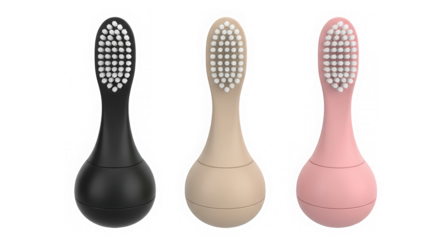 Three modern electric toothbrushes in various colors isolated on transparent background