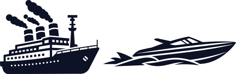 Dark blue silhouettes of a steamship and a speedboat on white background Keywords: steamship, ocean liner, boat, ship, speedboat