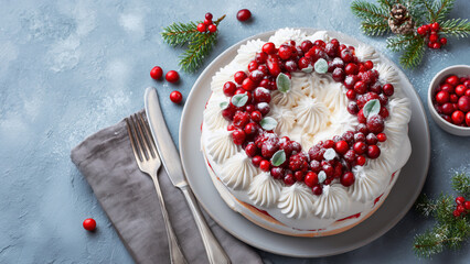 Fictional Christmas Holiday Berry Meringue Cake in Wreath shape with cream and cranberries on a gray background, top view. this festive sweet food is perfect for a New Year's eve dinner.
