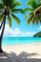 A tranquil beach scene; sun-drenched sand, swaying coconut palms, gentle waves lapping the shore, conveying a sense of serene, undisturbed peace and quiet , stillness, beach