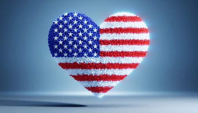A patriotic heart rendered in 3D with the texture of small flowers, featuring the stars and stripes of the American flag to symbolize love, unity, and national pride
