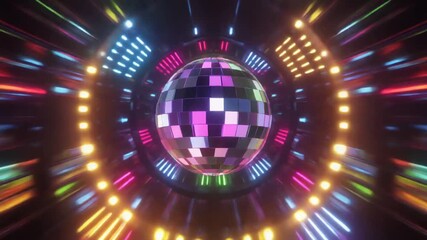 A vibrant disco ball at the center of a futuristic neon light tunnel.