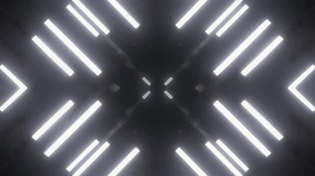 Symmetrical white neon lights forming chevron patterns on a dark background.