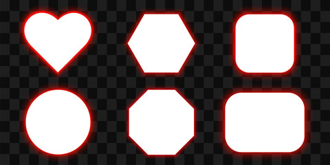 A set of frames of different shapes with red led backlight. 3d vector illustration isolated on transparent background.
