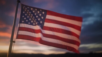 American flag gently waving at dusk