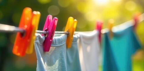 Brightly colored clothes pegs clipped to a taut clothesline, drying laundry outdoors in the sunshine A classic summer scene, perfect for home, family, and lifestyle imagery , cotton, summer