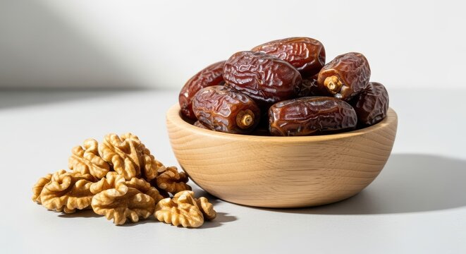 Fresh medjool dates in wooden bowl with shelled walnuts on white background