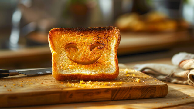 Toast with a smiling face sits on a wooden cutting board in a cozy kitchen, enjoying morning sunlight and warmth - Powered by Adobe