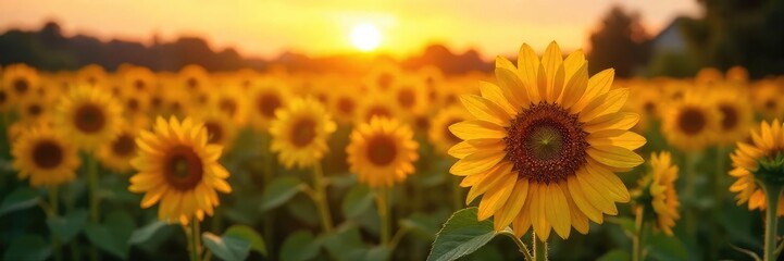 Obraz premium Close-up of a vibrant sunflower field at sunset, each bloom glistening with dew, creating a sparkling effect The golden petals shimmer in the soft light , plant, shimmering, serene