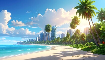 Coastal cityscape view with beach, palms and skyline under a sunny, blue sky with fluffy white clouds