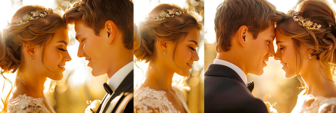 Romantic sunset moment between a couple during their wedding ceremony in an enchanting outdoor setting