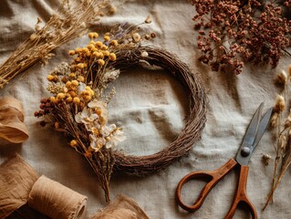 rustic wreath made of twigs adorned with dried flowers on textured beige fabric with scissors and ribbon suggesting crafting activity concept of diy decor and floral design