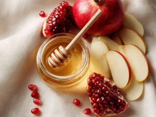golden honey jar with wooden dipper surrounded by vibrant pomegranate seeds and apple slices on soft beige fabric with ample copyspace concept of natural food health and wellness