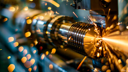 Precision machining process in an industrial workshop with sparks flying during metal shaping