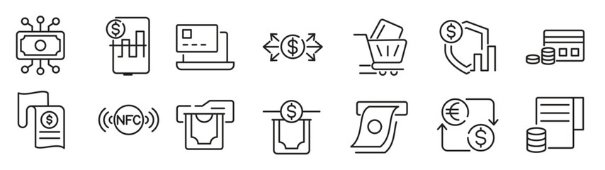 Payments line icon set. money, receipt, invoice, document, atm, cash, coins, credit card, wallet, savings, finance, growth, investments line icon set. 