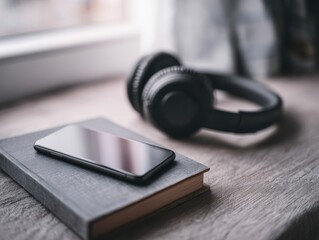 smartphone resting on textured book on wooden surface with black headphones in background lit by soft natural light with ample copyspace concept of technology lifestyle and relaxation
