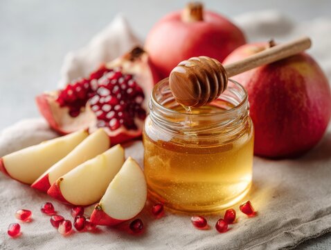 jar of honey with wooden dipper glistening in light surrounded by sliced red apples and vibrant pomegranate on neutral cloth with ample copyspace concept of natural food freshness and sweetness