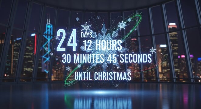 Christmas countdown timer in a modern studio with city skyline at night view