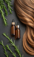 Hair oil serum bottles with fresh rosemary herb and long wavy brown hair on black background for natural beauty care and healthy hair treatment