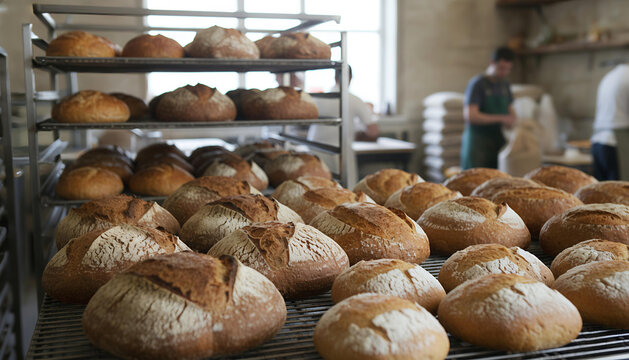 Freshly baked artisanal sourdough loaves cooling on racks in a traditional working bakery setting, with bakers visible in the background. Excellent for craft, small business, food production, and rust