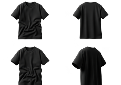 Four black t-shirts mockup displaying front and back views transparent background