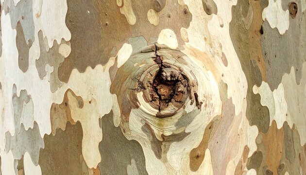 Up-close shot of a tree trunk's bark, showcasing a complex pattern of textures and colors around a knothole. It has shades of brown, grey, beige, and white