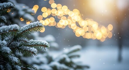 Winter Wonderland - Snow-Covered Pine Tree with Bokeh Lights.