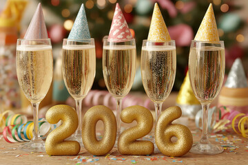 D&eacute;coration de Nouvel An 2026 avec coupes de champagne, chapeaux de f&ecirc;te et chiffres dor&eacute;s, ambiance festive et lumineuse de r&eacute;veillon