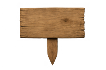 Rustic wooden blank sign board with a pointed post creating copy space for a message on a transparent background
