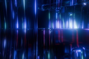 A futuristic dark tunnel with glowing blue, purple, and green vertical light beams reflecting on a polished surface, creating a vibrant, abstract, high-tech ambiance
