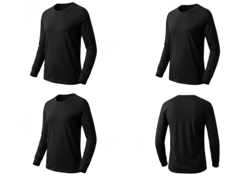 Four views of a black long sleeve t-shirt for fashion and apparel photography transparent background