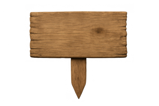 Rustic wooden blank sign board with a pointed post creating copy space for a message on a transparent background